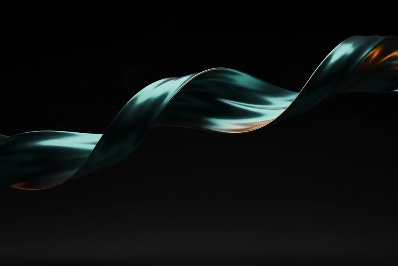 Glossy teal chrome ribbon flowing across a dark background