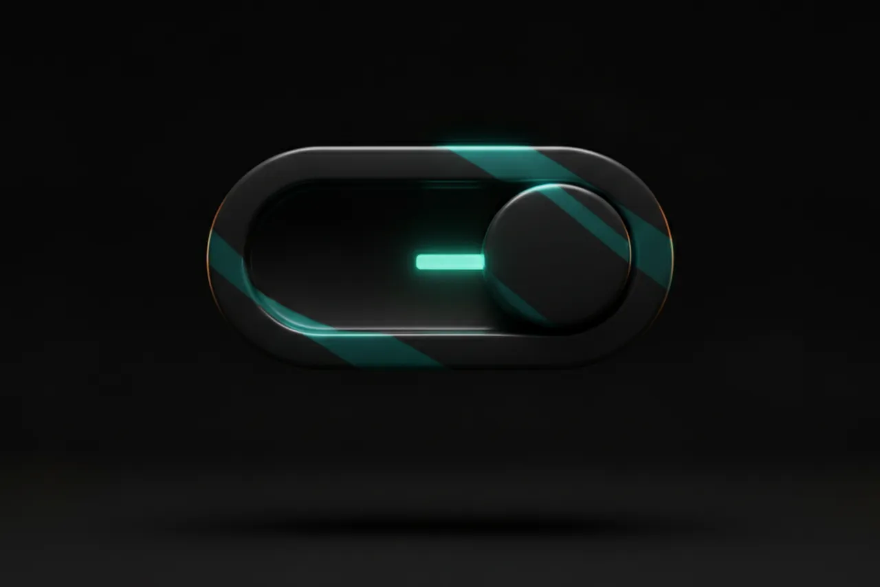 Glossy dark toggle switch with a teal indicator light