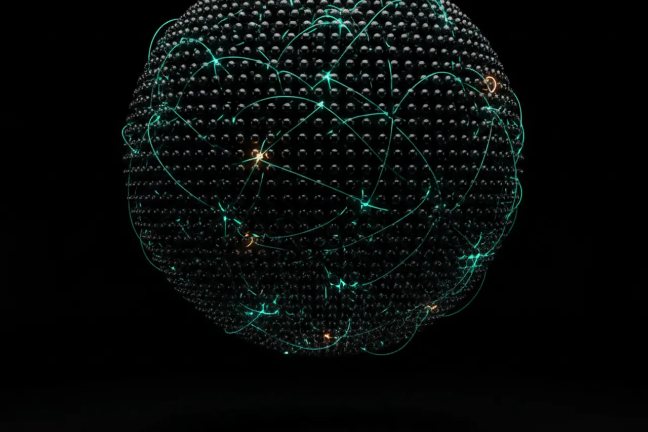 Dark dotted globe with glowing teal network arcs